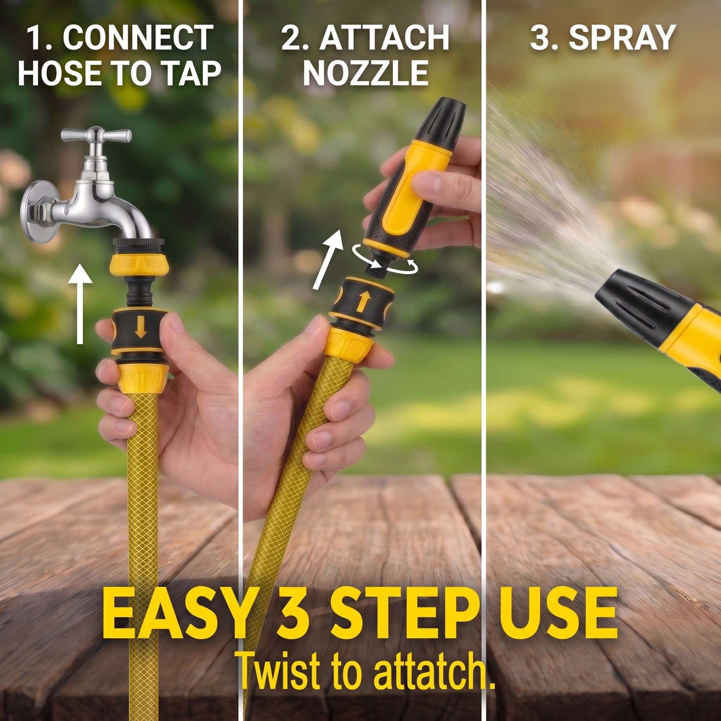 Nozzley Step-by-step guide on how to use a garden hose with nozzle, showing connection to tap, attachment of nozzle, and spraying.
