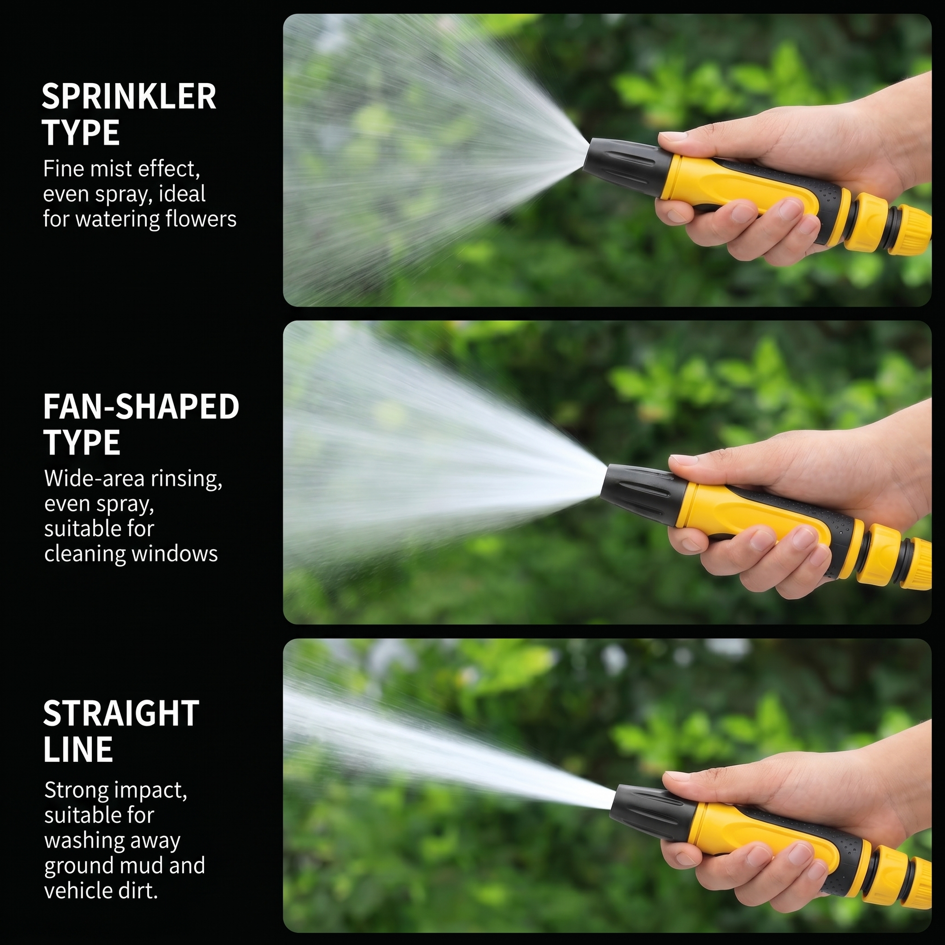 Nozzley Sprinkler nozzle demonstration with different spray types on a green background