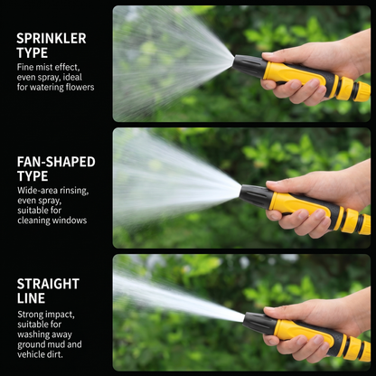 Nozzley Sprinkler nozzle demonstration with different spray types on a green background