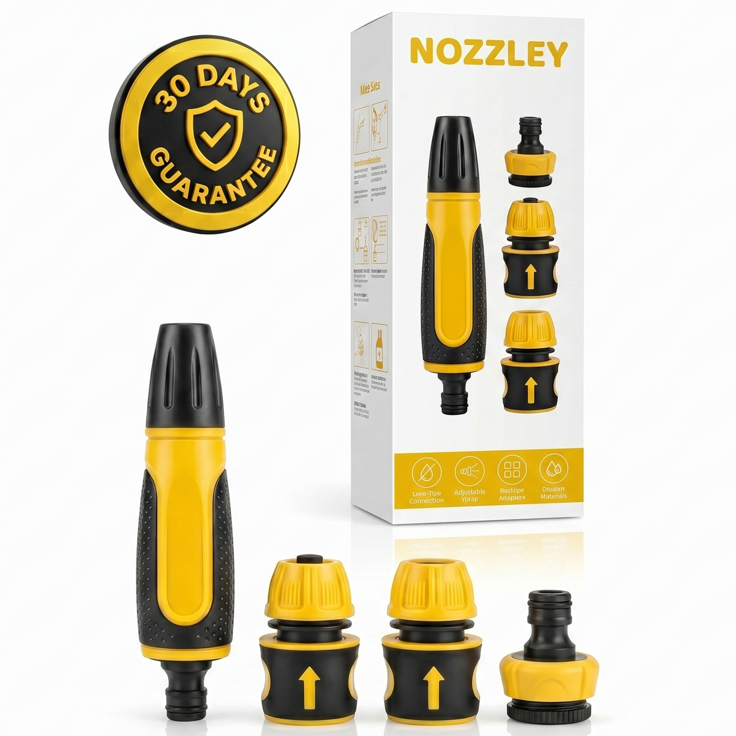 Nozzley Yellow and black nozzles with packaging and '30 Days Guarantee' badge on a white background