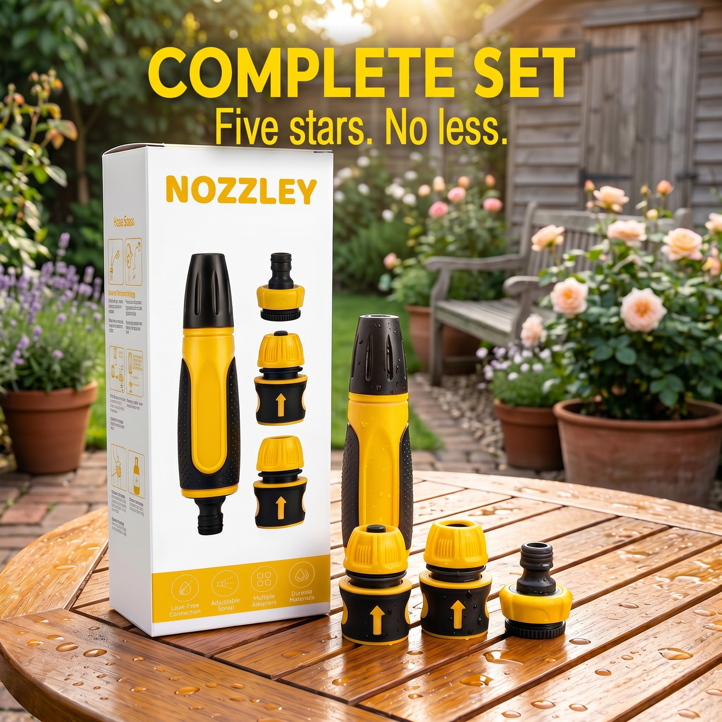 Nozzley Garden nozzles set with packaging on a wooden table outdoors.